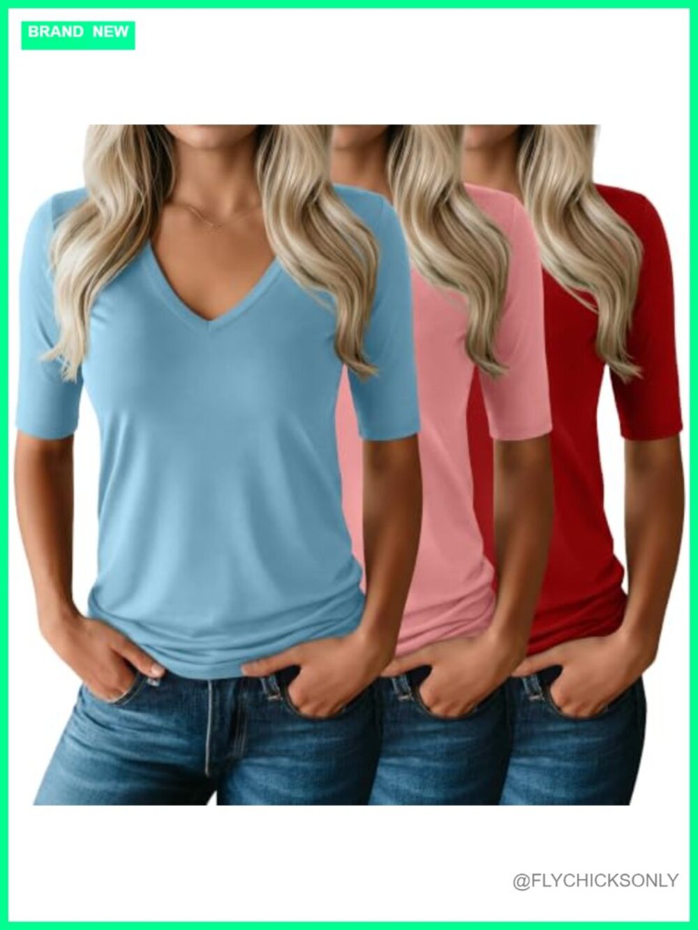 3 Pack Womens V Neck Half Sleeve T-Shirts Cotton Blend Slim Fit Tees